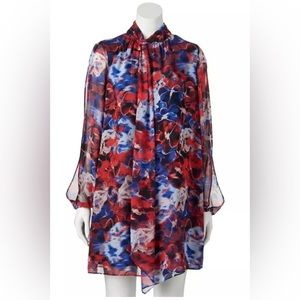 Jennifer Lopez Blue & Red Floral Tie-Neck Shift Dress size 6